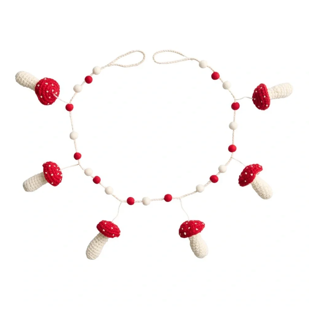 Crotchet Mushroom Felted Wool Ball Garland Red White World Market Home Decor